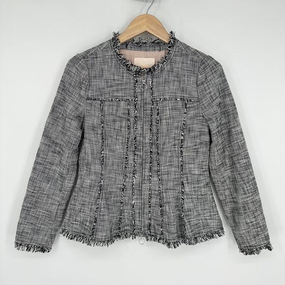 Rebecca Taylor Tweed Fringe Trim Peplum Blazer Raw Edge Trim Collarless Jacket - Picture 2 of 13